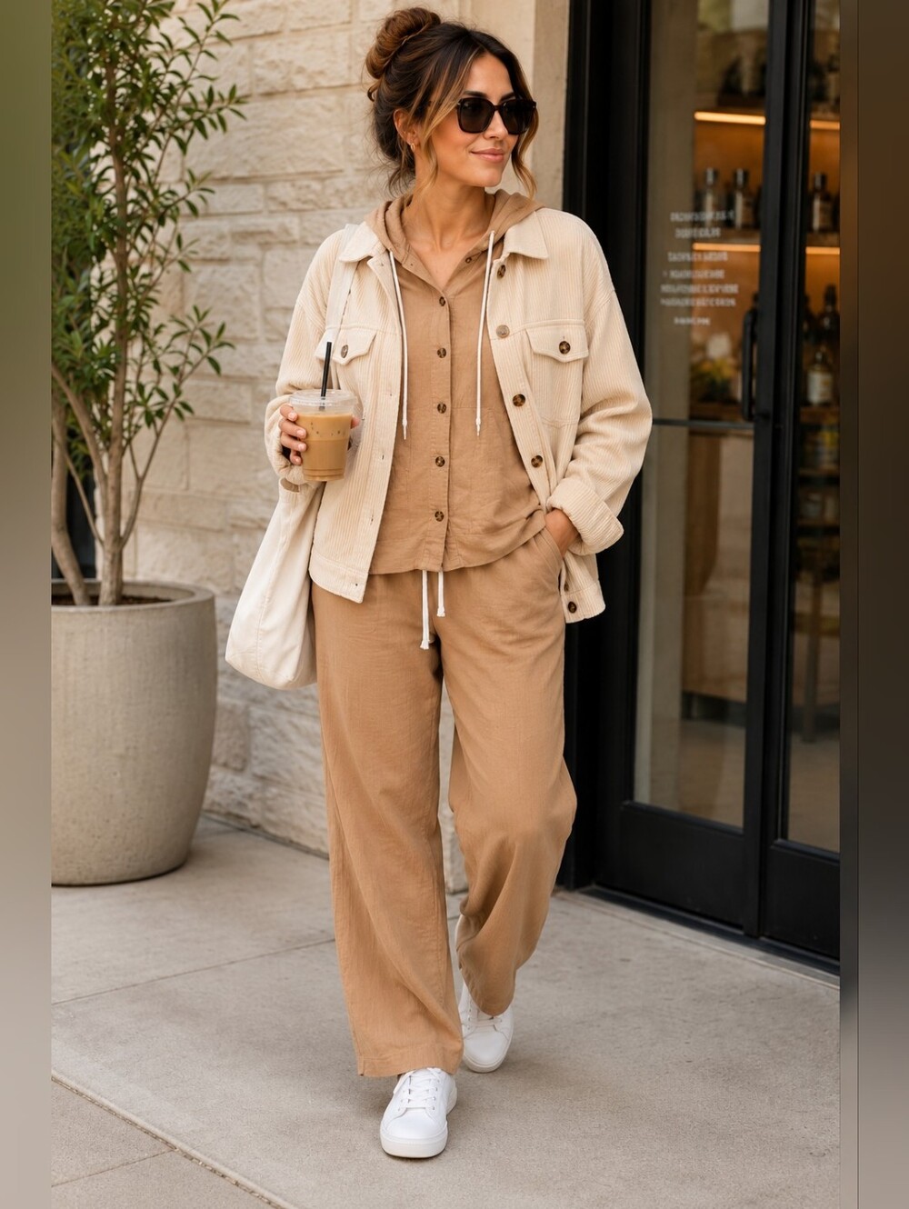 Linen Blend 2 Piece Lounge Set XL Hooded Button Up Wide Leg Pants Neutral